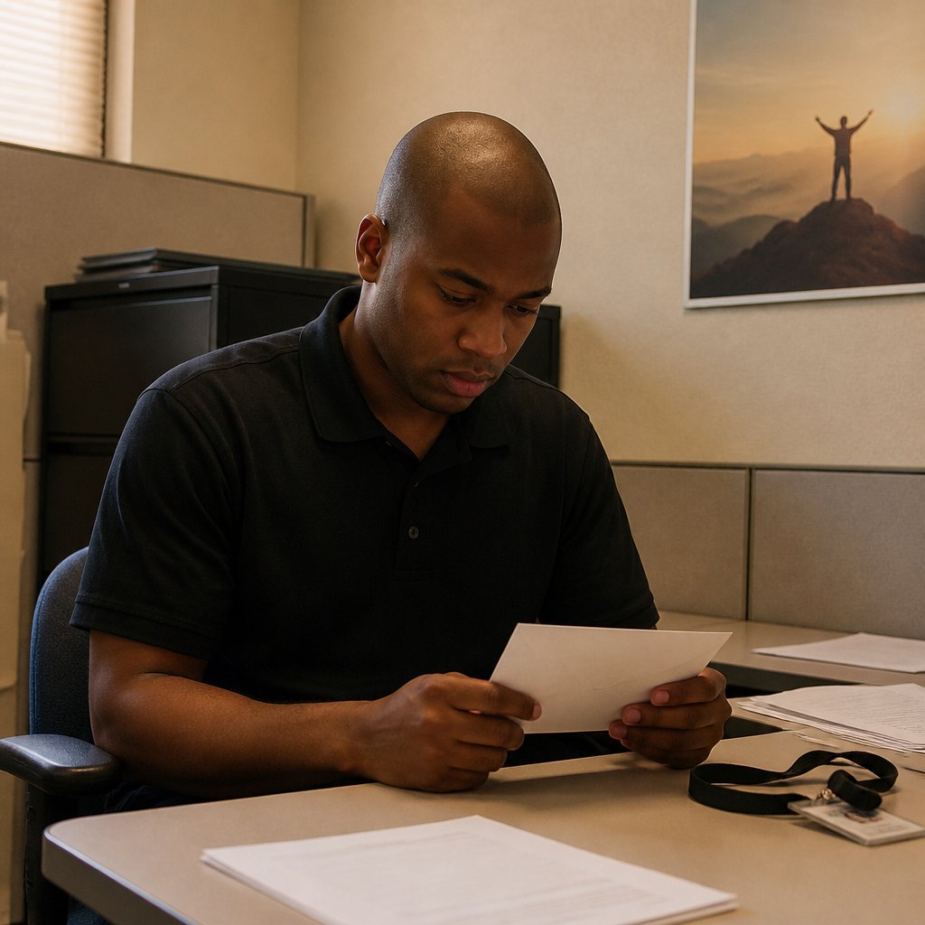 Man sitting alone in HR cubicle, looking frustrated holding papers.