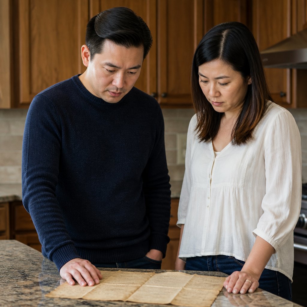 Couple examining old deed rider document in kitchen
