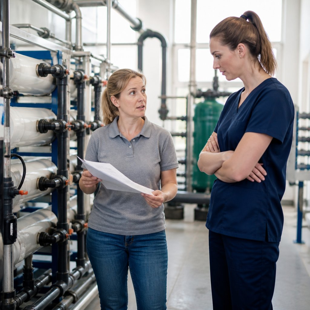 Technician and nurse discussing water testing limitations in water treatment room