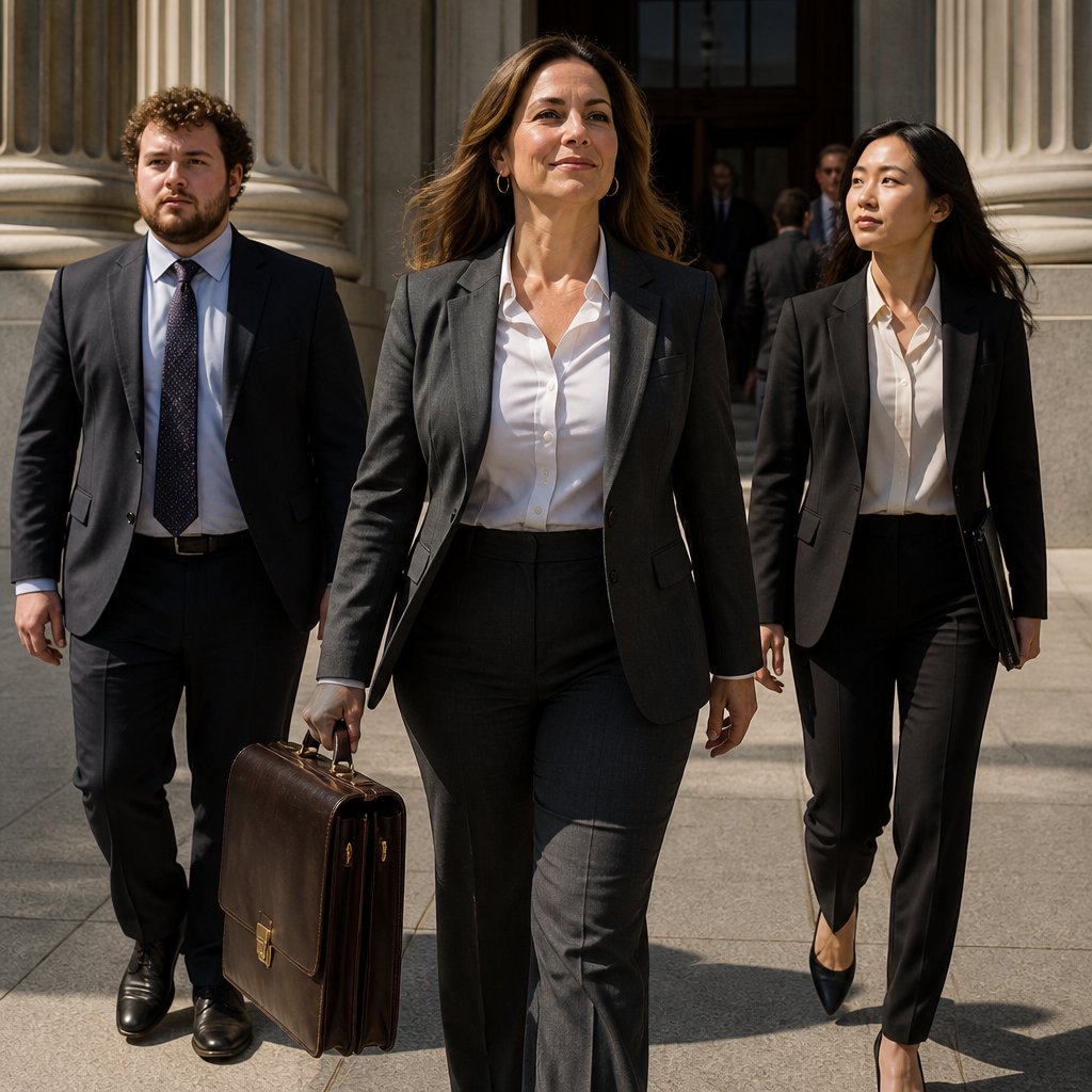 Corporate attorney arriving at courthouse flanked by associates looking calmly dominant