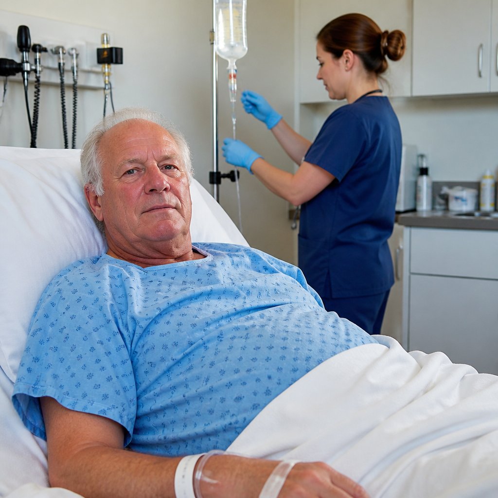 Older man lying in hospital bed with nurse adjusting IV in plain ER room.