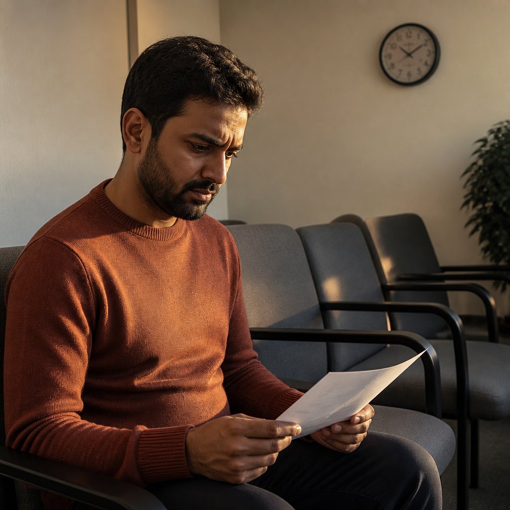 Man reading a disciplinary warning email in an HR waiting room.