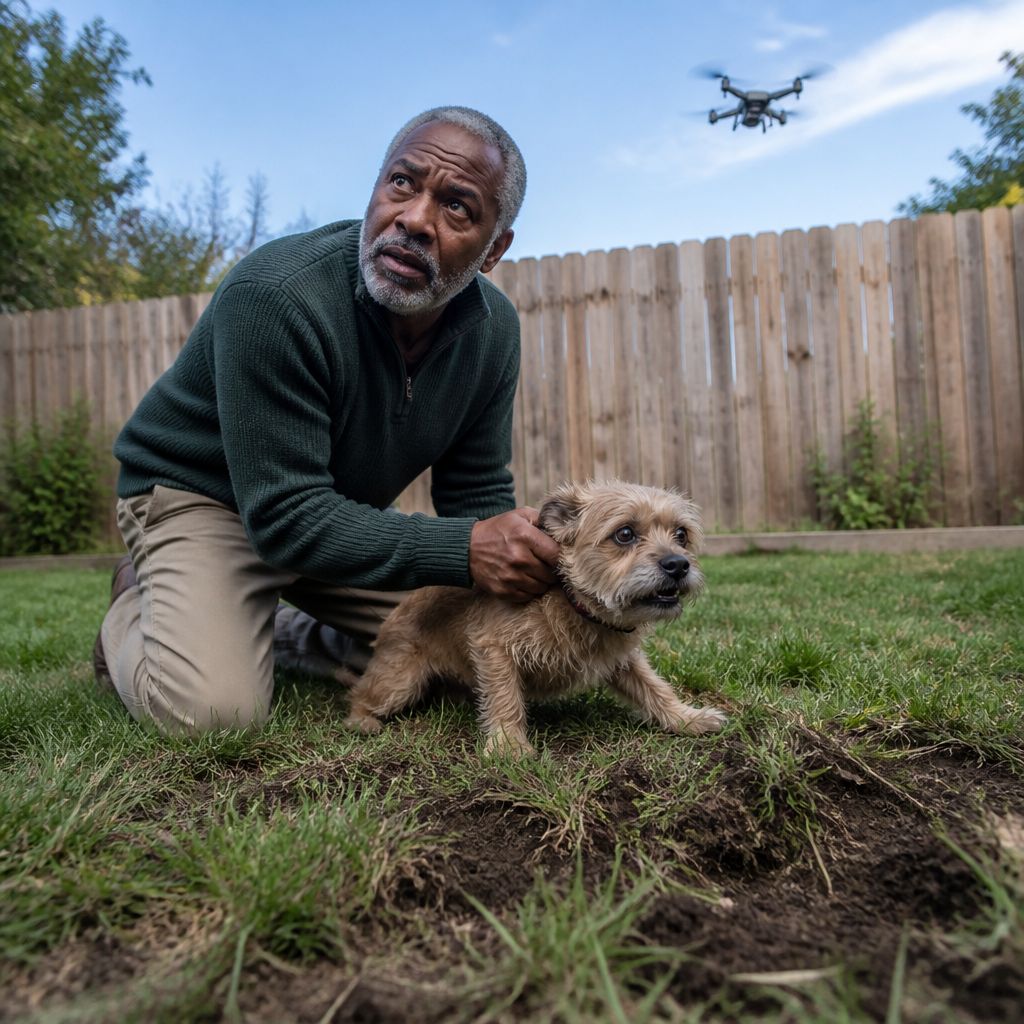 Man kneeling with dog near patch of damaged grass as drone hovers overhead near fence.