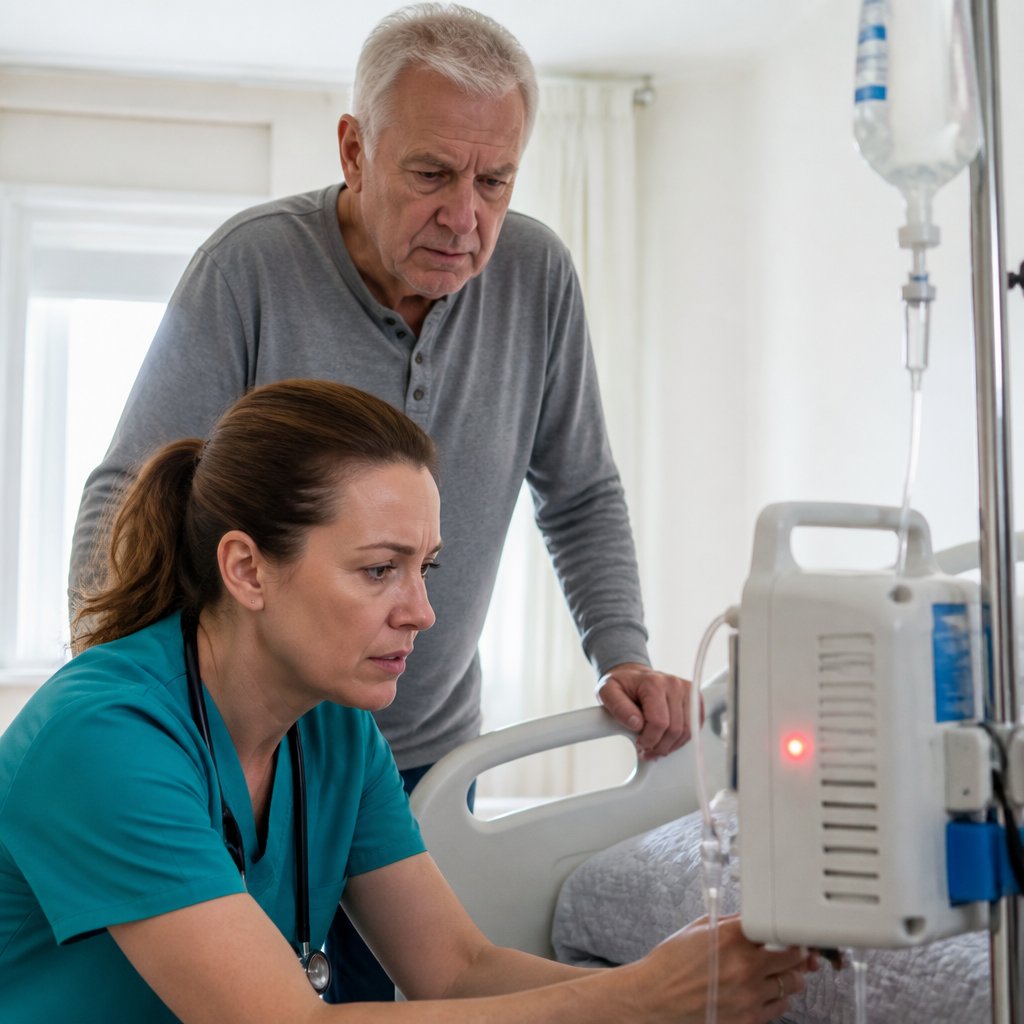 An elderly man and a nurse examine a beeping infusion pump with an occlusion alarm in a bedroom.