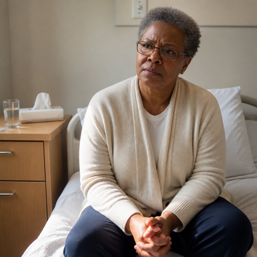 Woman sitting tensely on hospital bed during phone call.