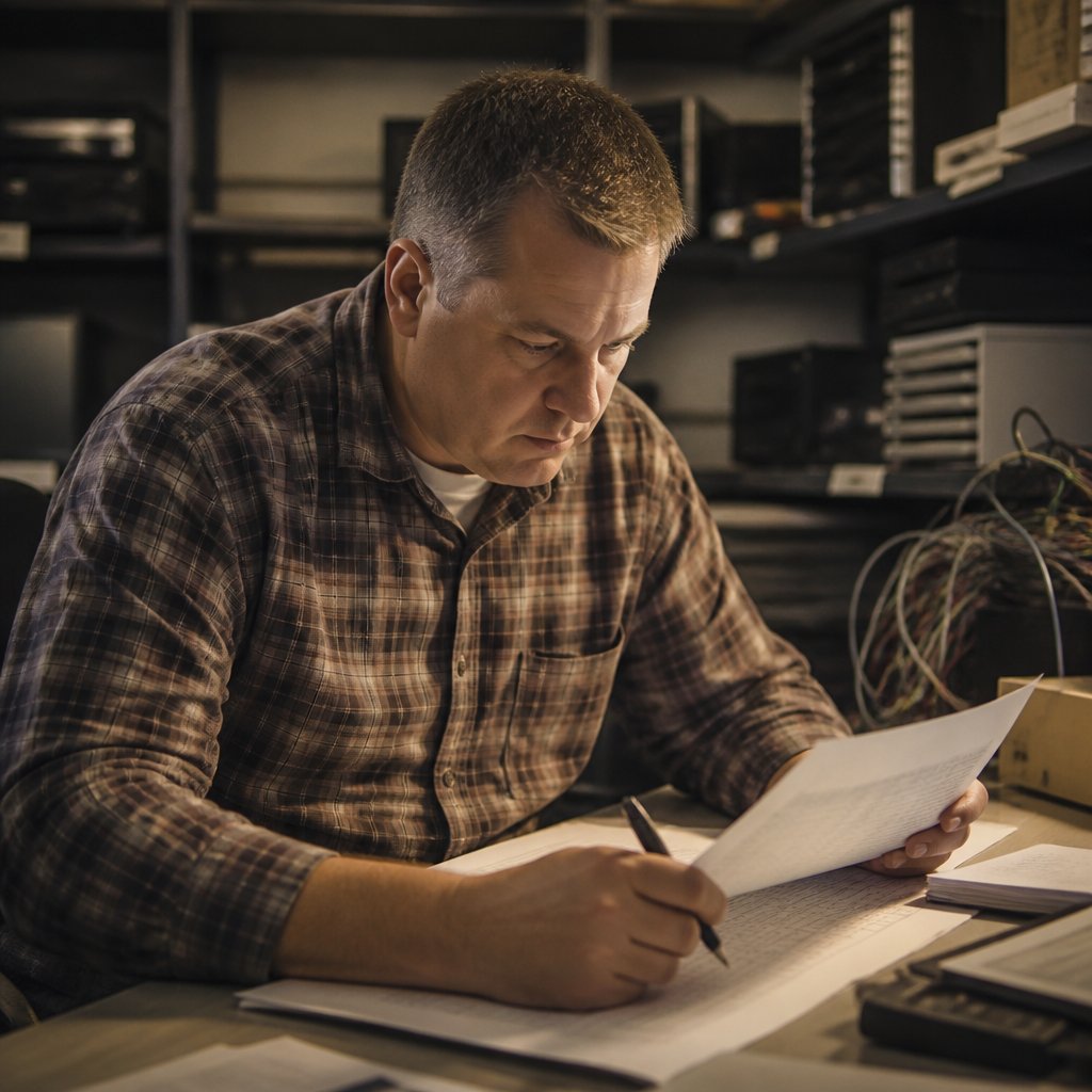 Man studying printed server logs intently in a cramped IT room.