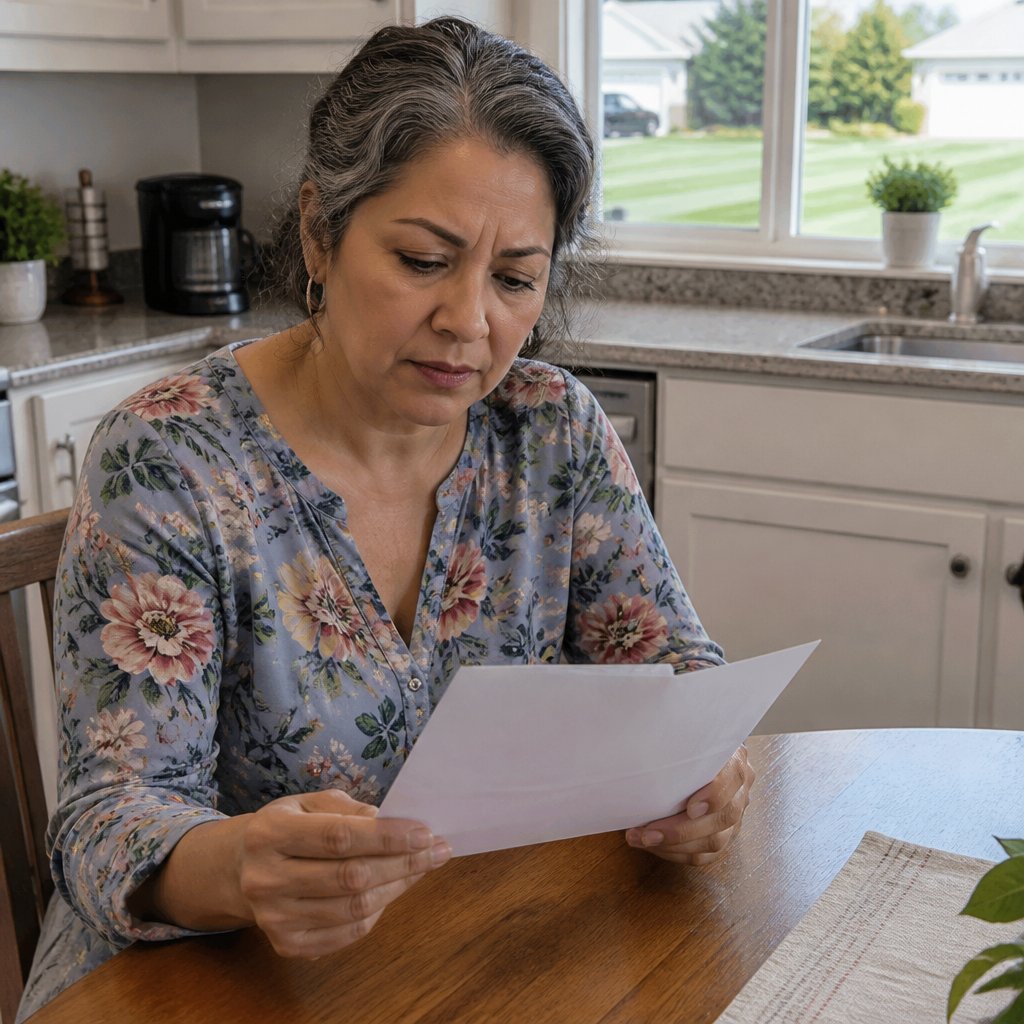 Woman sitting at kitchen table reading a warning letter from the HOA.
