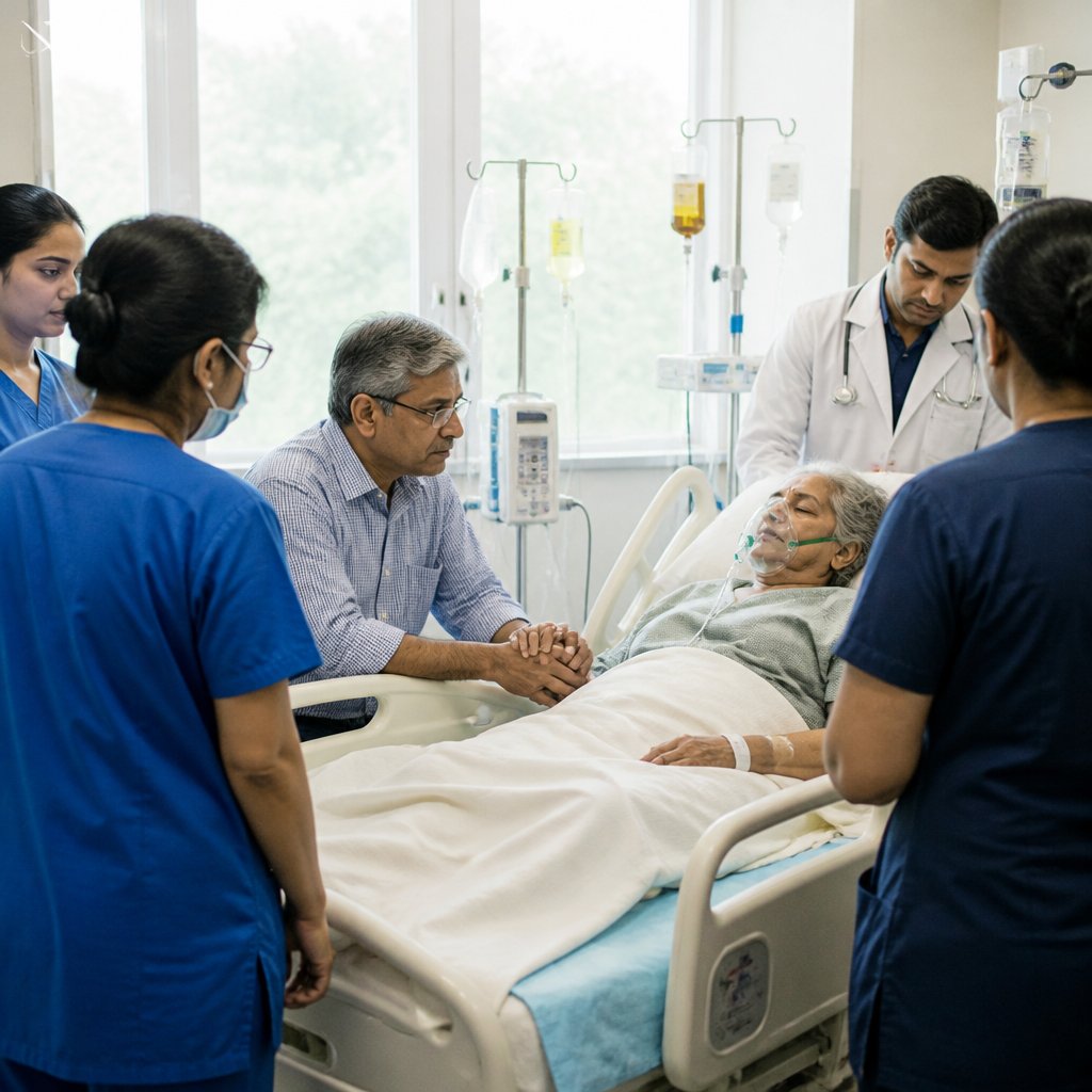Medical team responding urgently to patient’s sudden allergic reaction while man holds her hand.