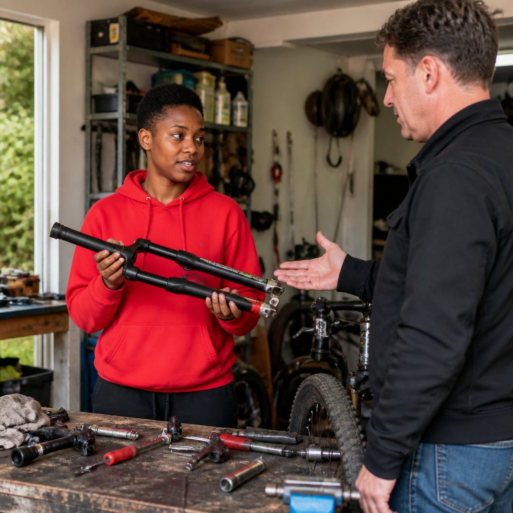 Woman holding broken bike fork facing a man requesting it in a garage.