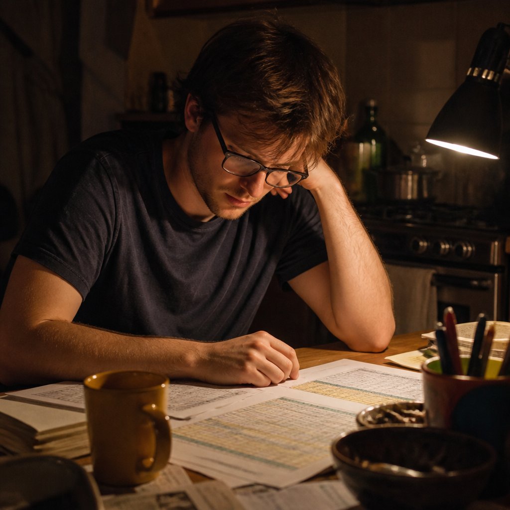Young man working late at kitchen table, looking worried over spreadsheets and hidden phone.