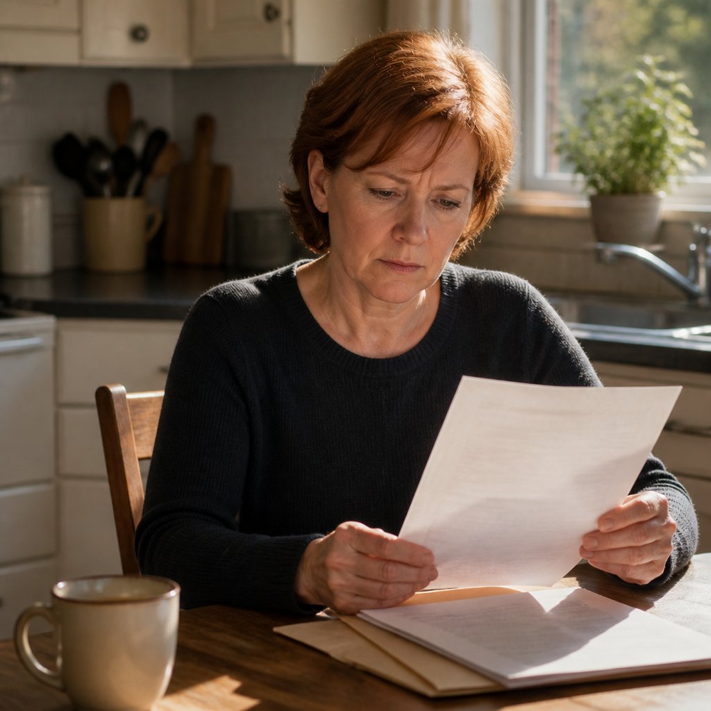 Woman reading defense response at her kitchen table with first hint of unease