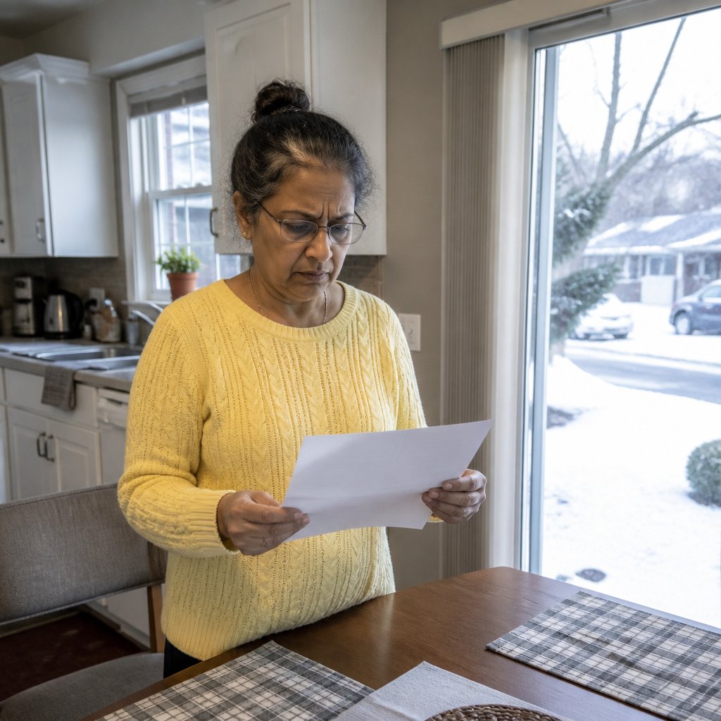 Woman reading township notice in kitchen, looking concerned with snowy driveway outside window