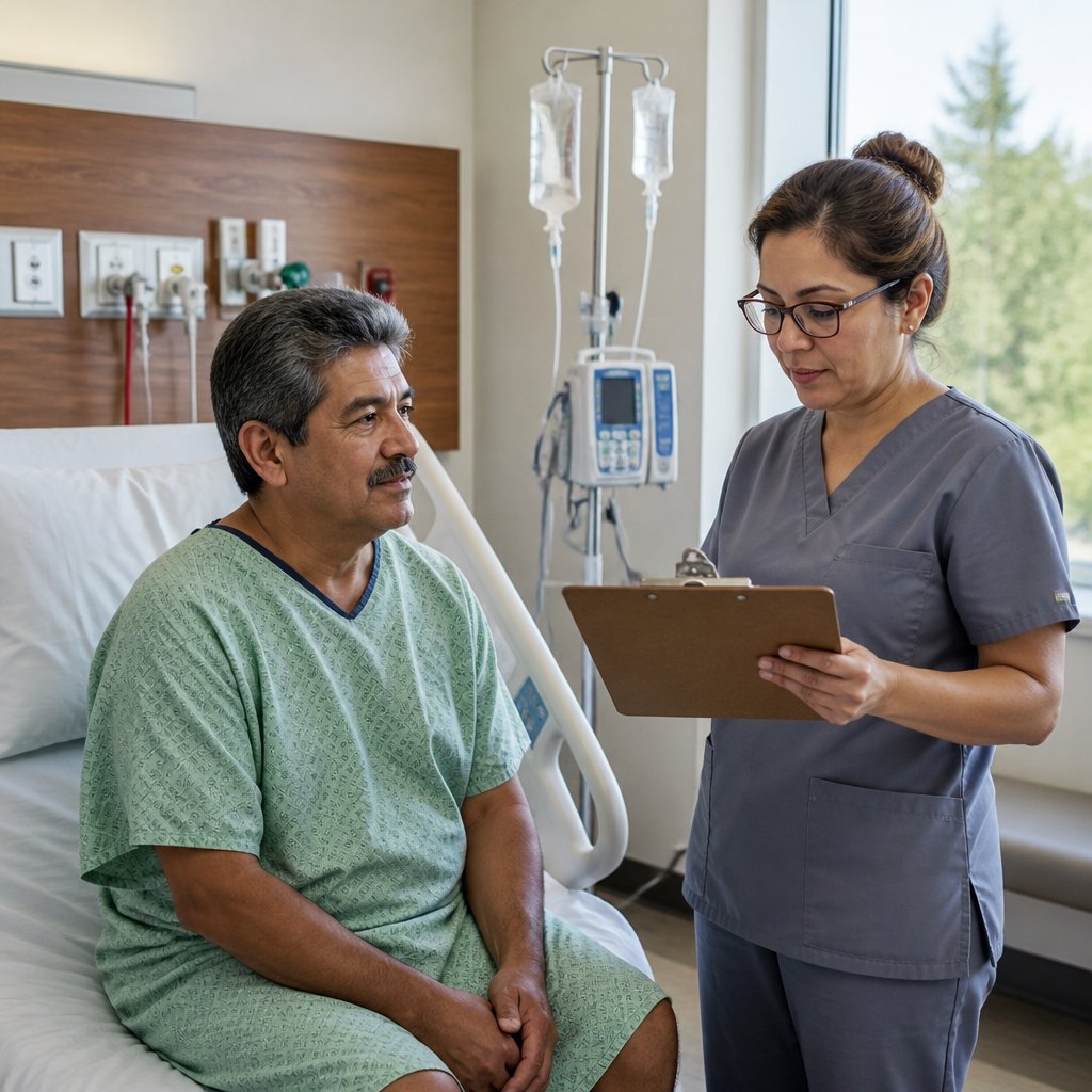 Hospitalist reviewing notes near Latino patient in hospital bed.