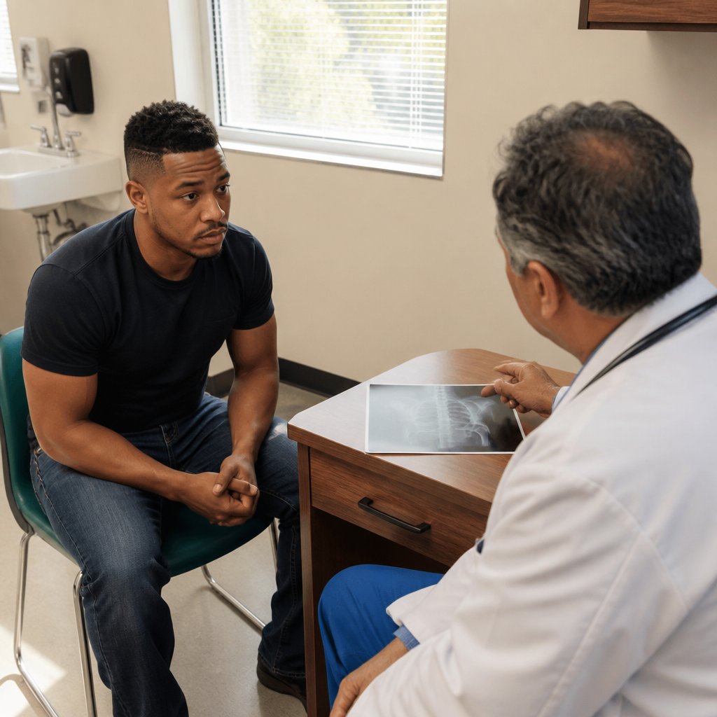 Patient and surgeon in consultation room, surgeon avoiding direct answers.