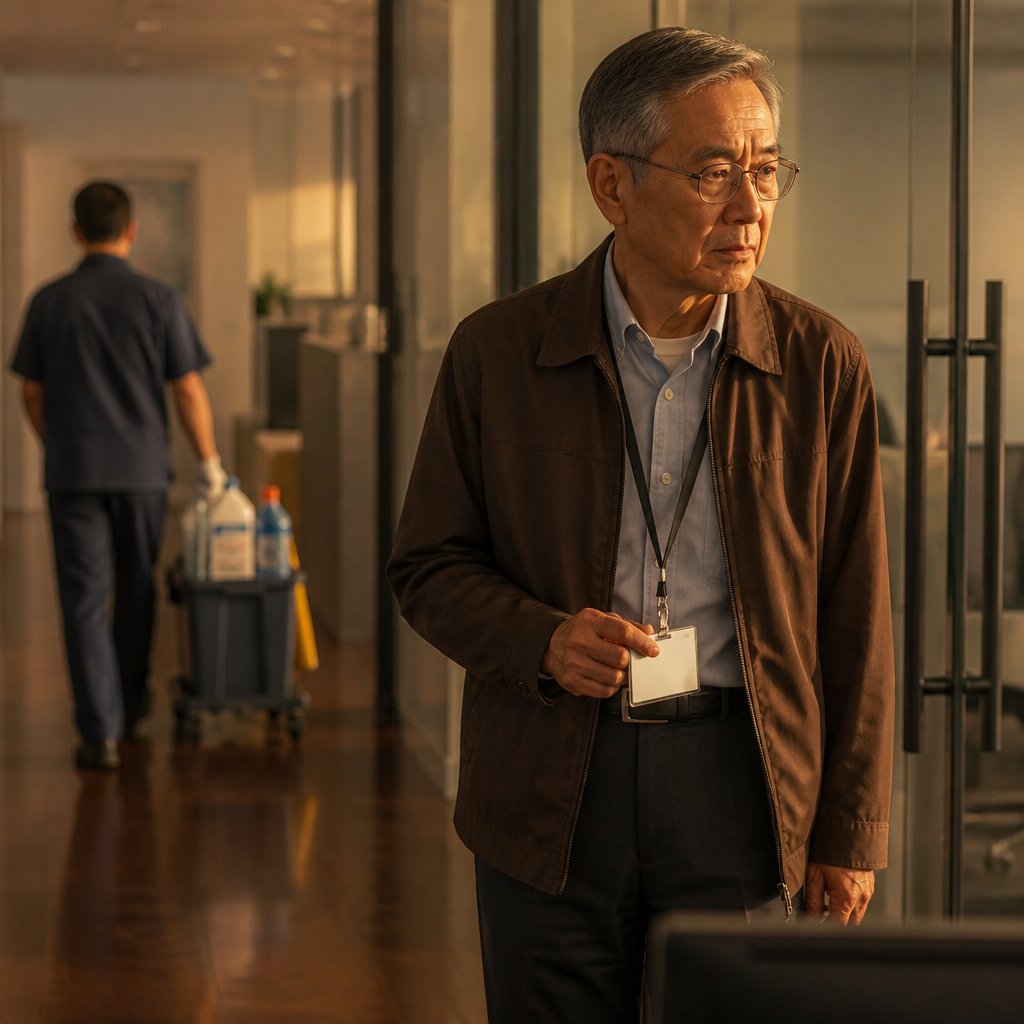 Older East Asian man near office door holds badge, looking concerned as janitor walks by.