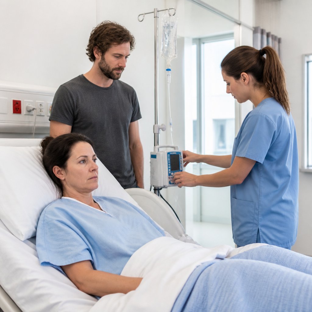 Nurse adjusting IV pump while Dana lies in bed and man watches with concern.