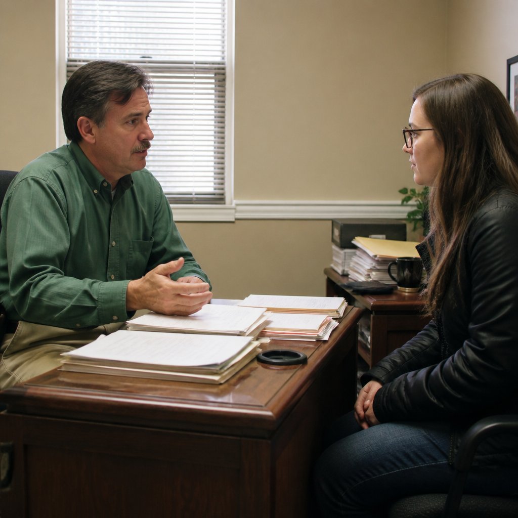 Boutique manager offering free sessions to a young woman in a small back office, speaking quietly.