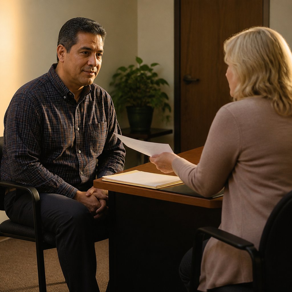 Man and HR representative in small office, tense moment handing over a document.