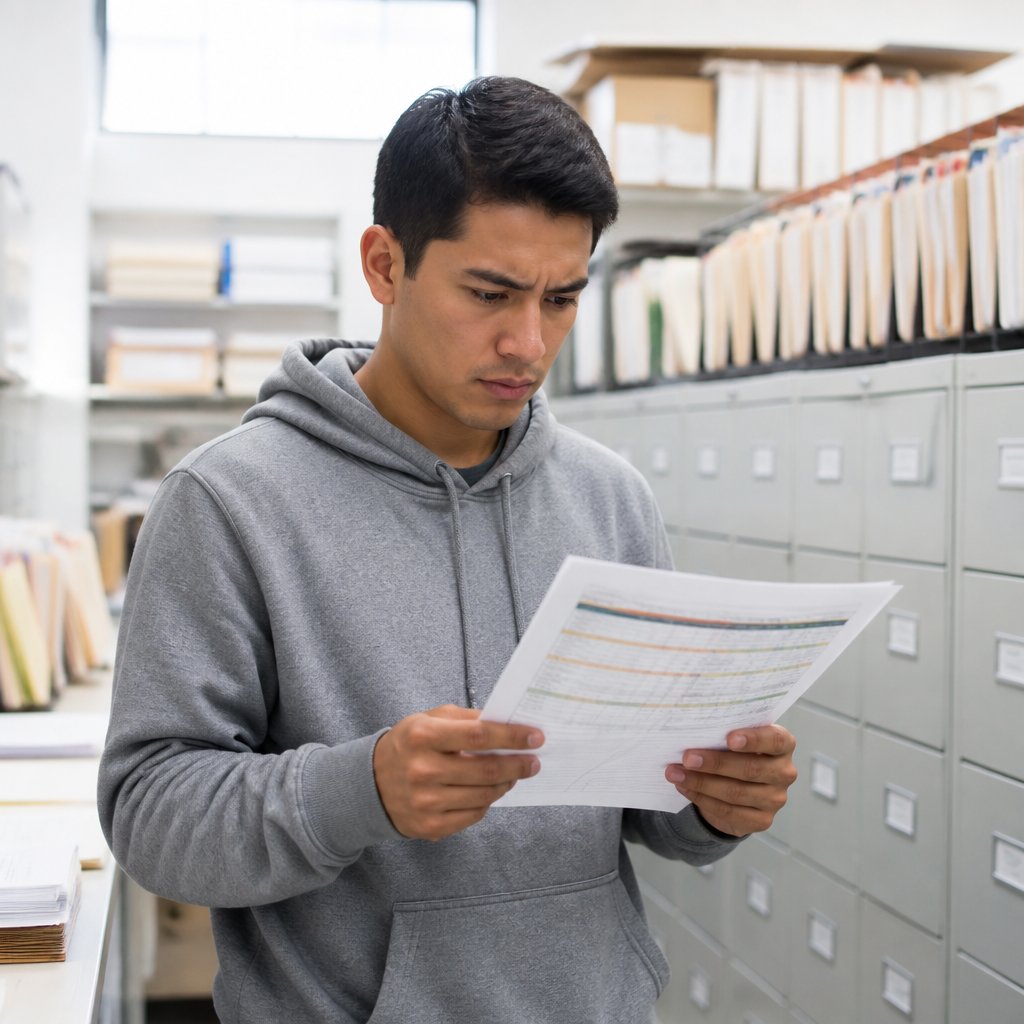 Young Latino man in hoodie examining printed vaccine records in clinic records room.