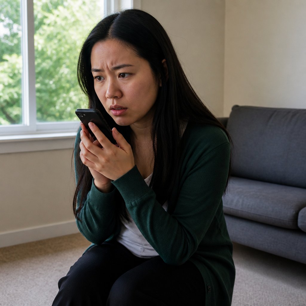 Tense East Asian woman listening to voicemail denying responsibility in her living room.