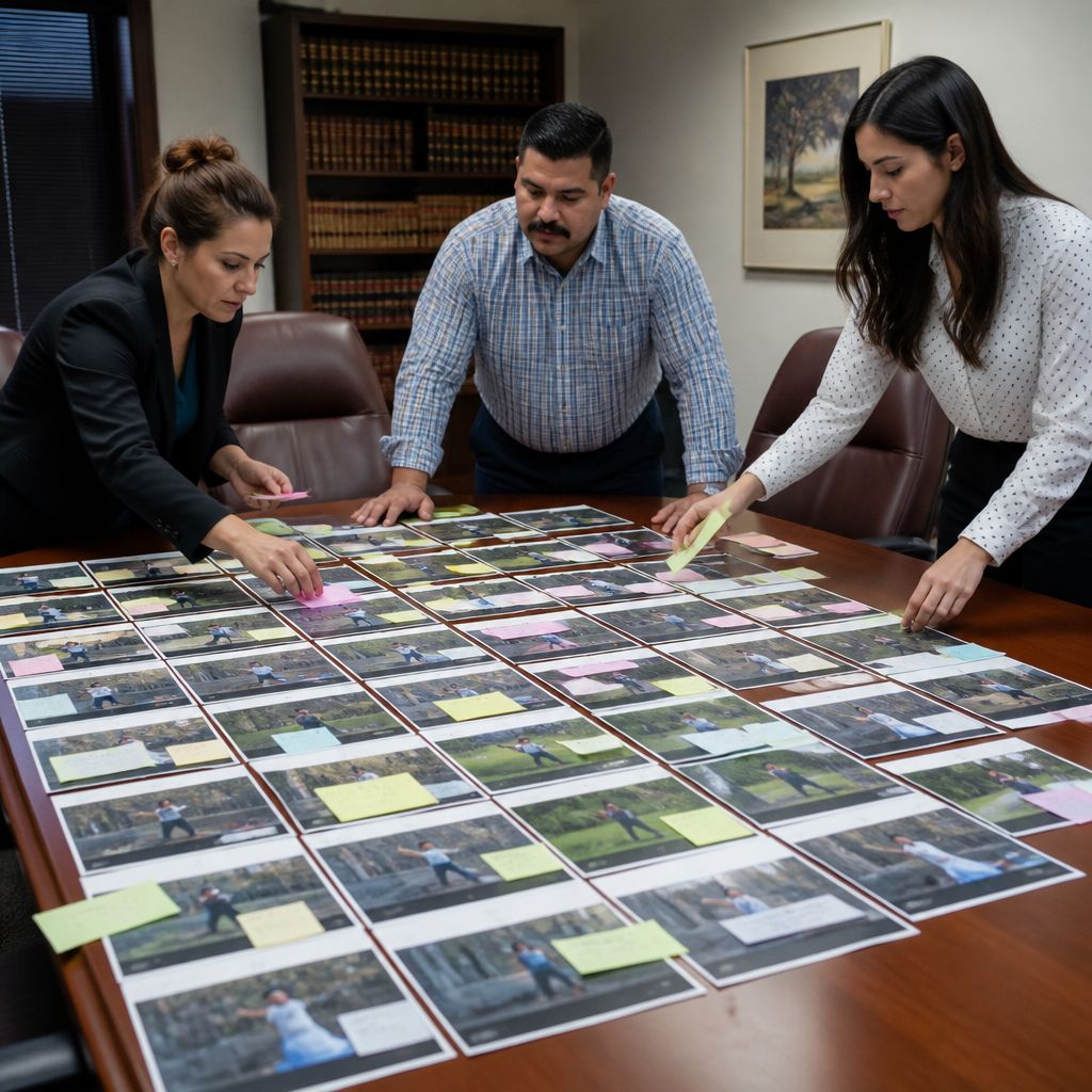 Attorney and paralegal organizing damning video screenshots across conference table
