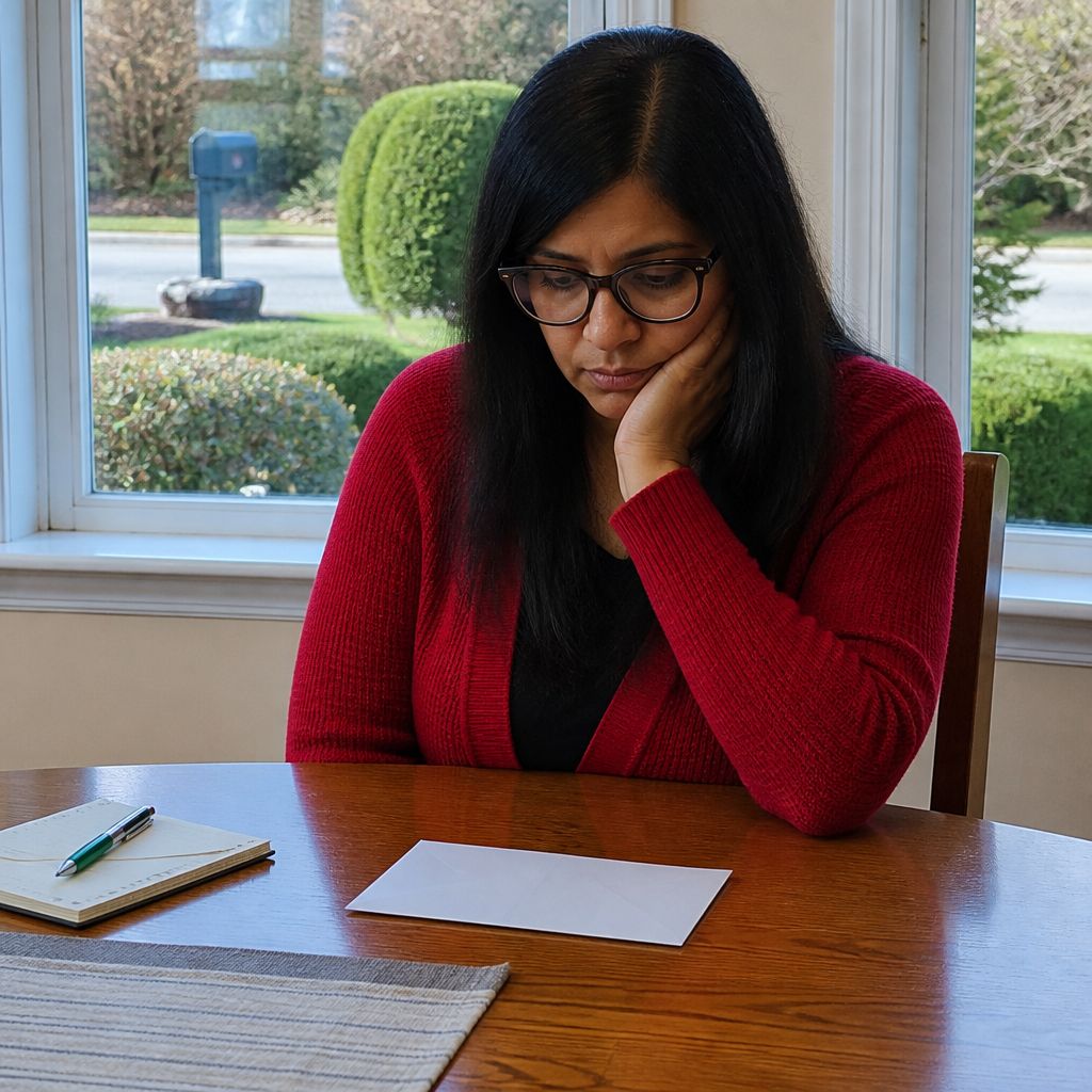 Woman waiting anxiously at kitchen table, unopened official mail in front of her.
