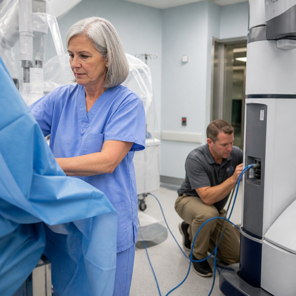 Woman in pale blue scrubs observing vendor technician working with laptop behind surgical drapes in operating room.