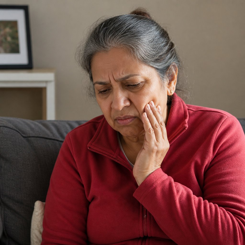 Woman on couch holding jaw in pain, wearing red sweater, worried expression.