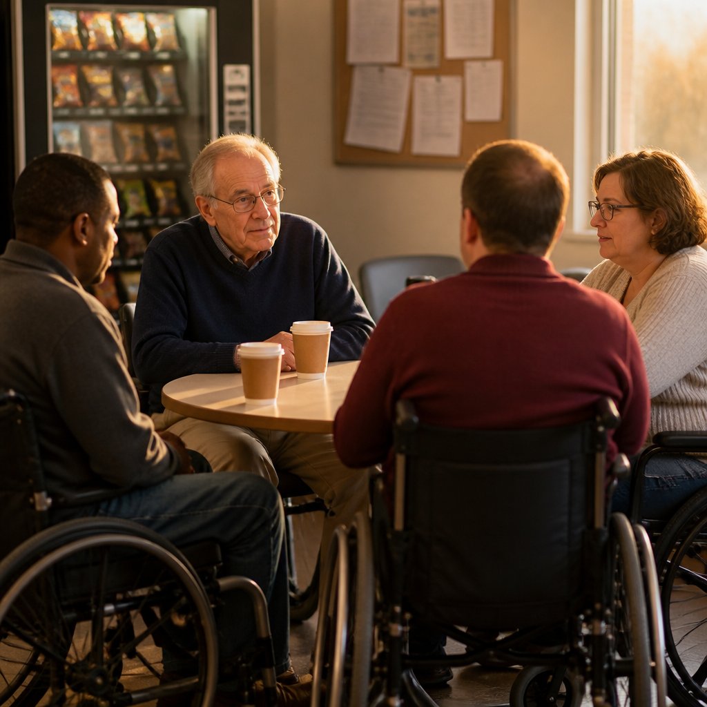 Group of coworkers in break room sharing similar HR experiences.