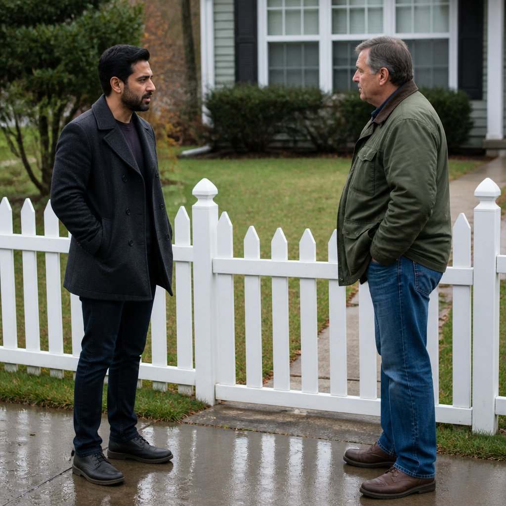 Two men in conversation by a white picket fence, one explaining with earnest expression, the other listening skeptically.