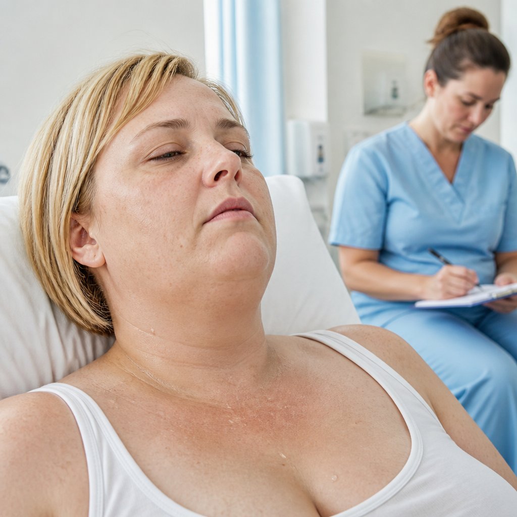 Sweating postpartum woman with rapid heartbeat, nurse unnoticed in background.