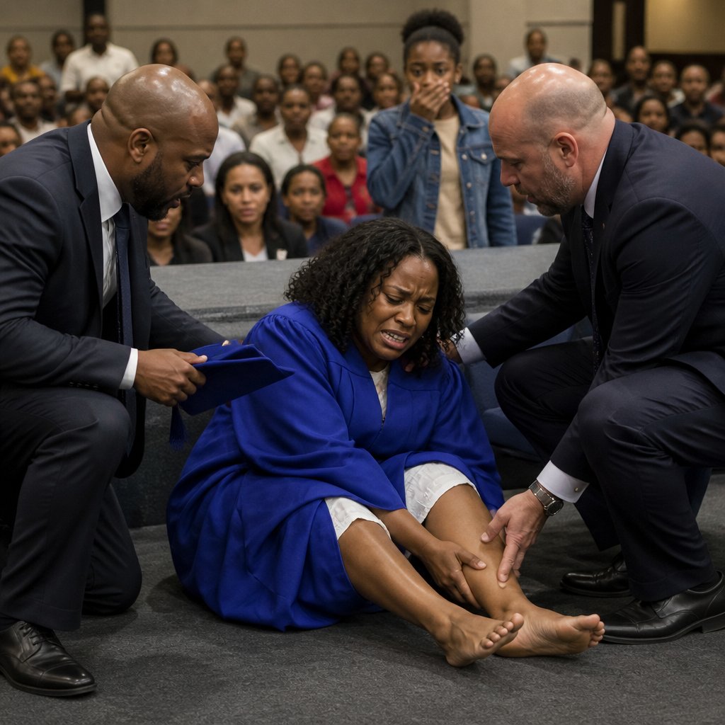 Woman on stage floor in pain after falling, staff kneeling beside her, daughter watching from audience