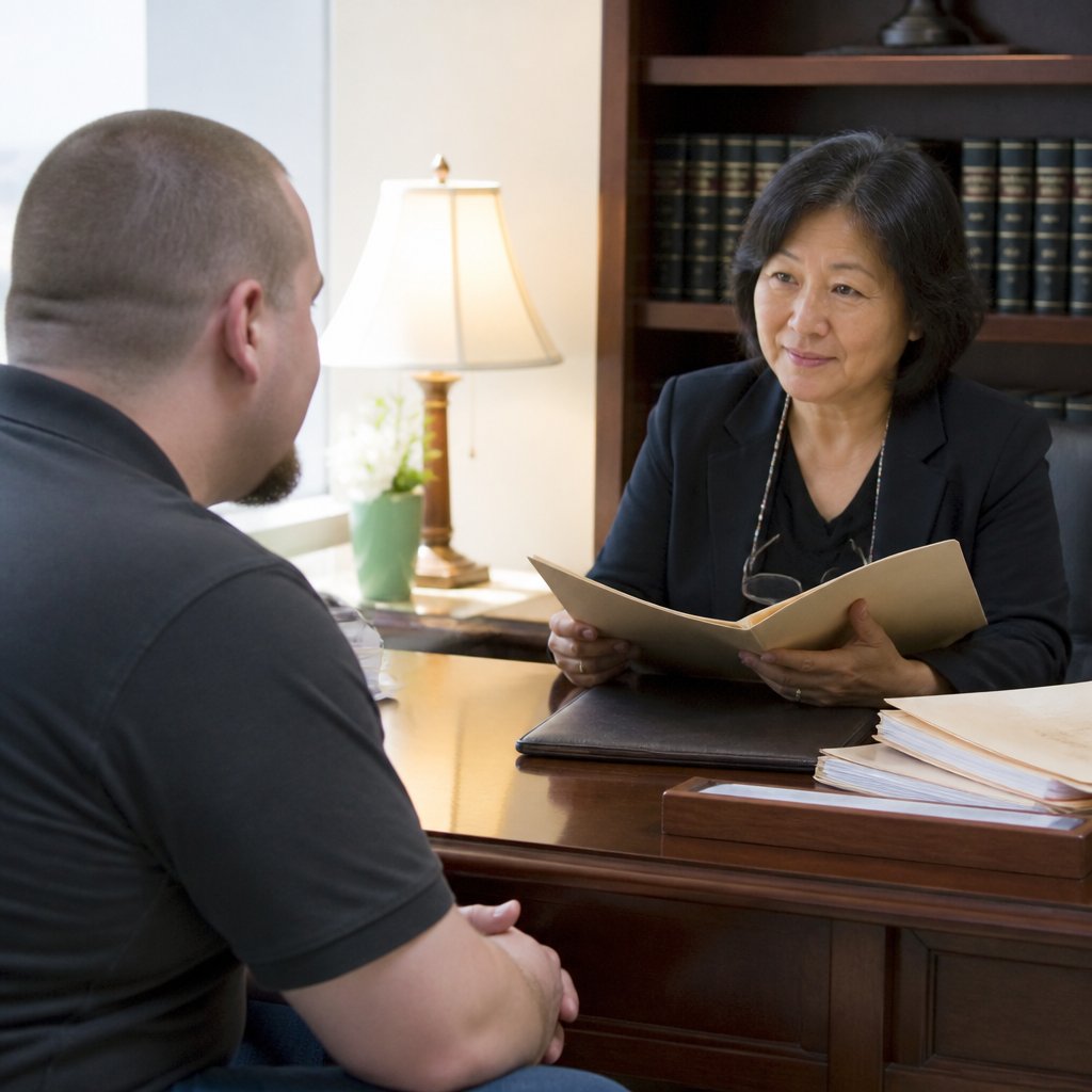 Defense attorney reviewing case files at her desk with a knowing expression