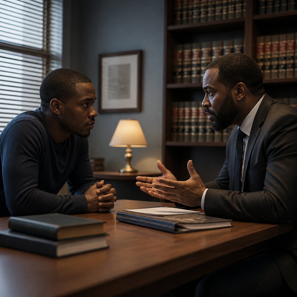 Client and employment attorney in serious discussion about the difficulty of the case