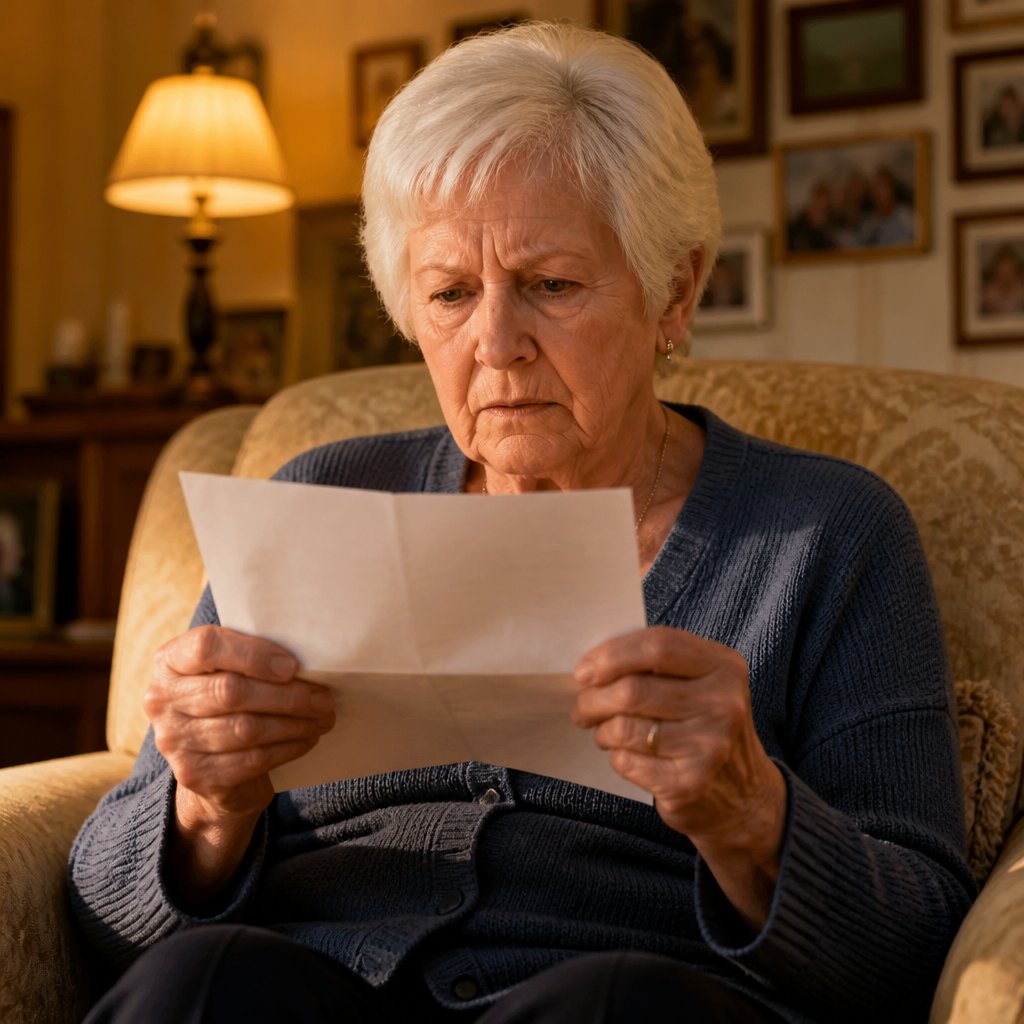 Woman reading hurtful legal declaration in her living room with expression of pain and fury