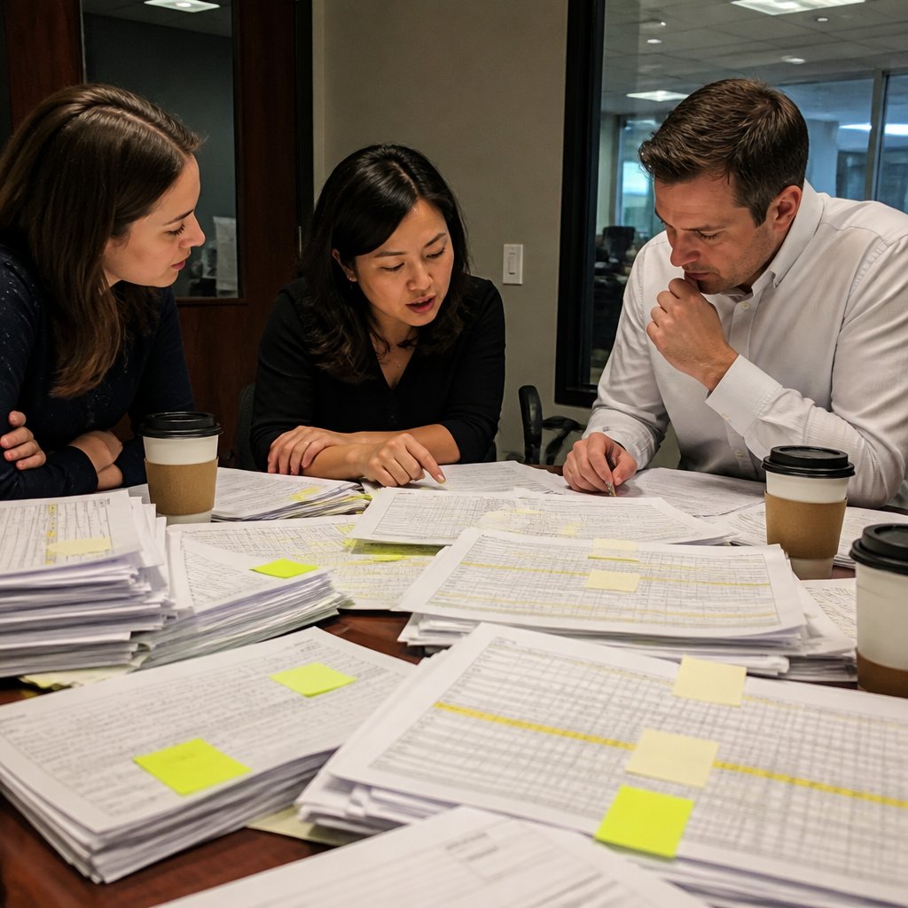 Legal team reviewing trucking records late at night with highlighted evidence everywhere