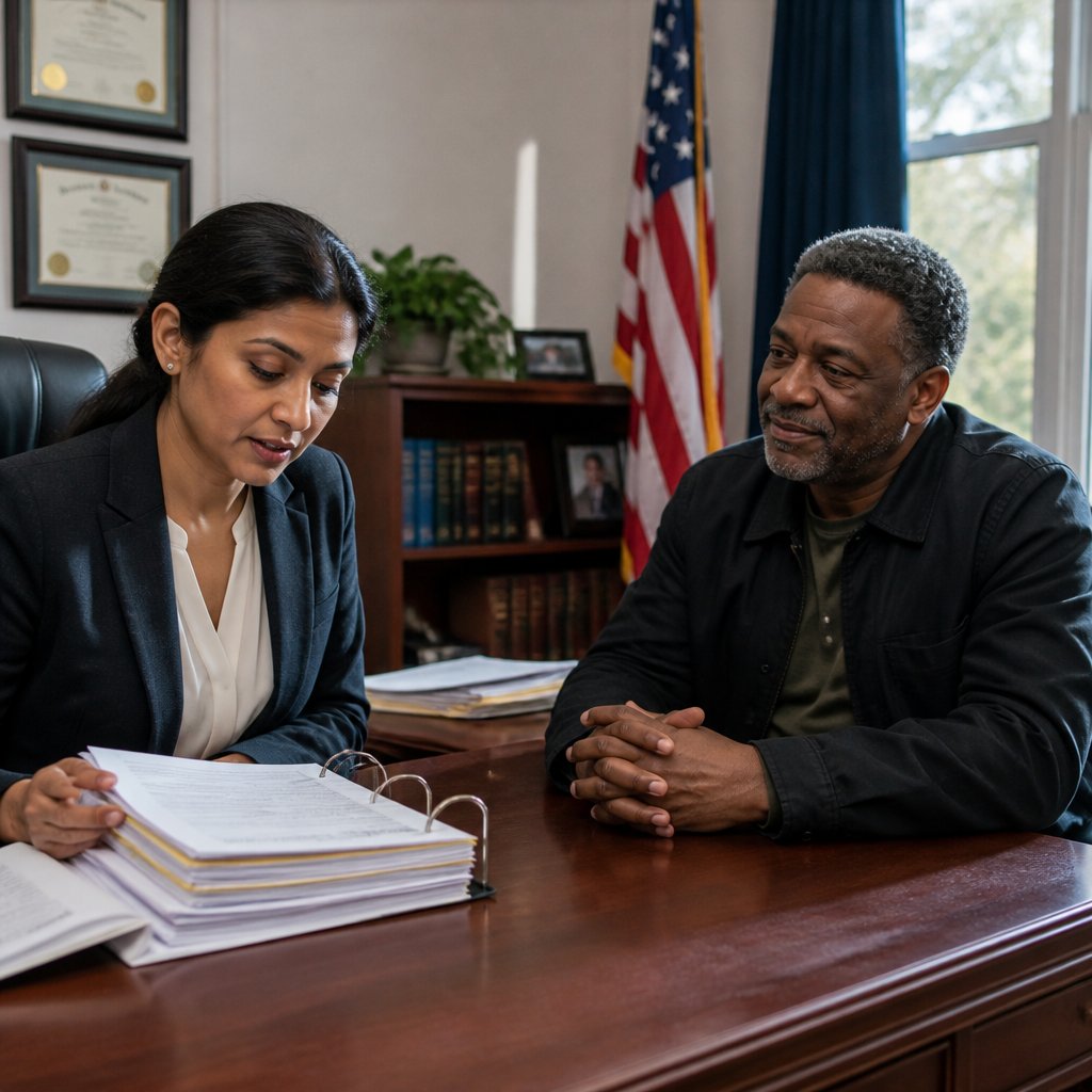 Man presenting evidence binder to assistant DA who reviews it with serious engagement