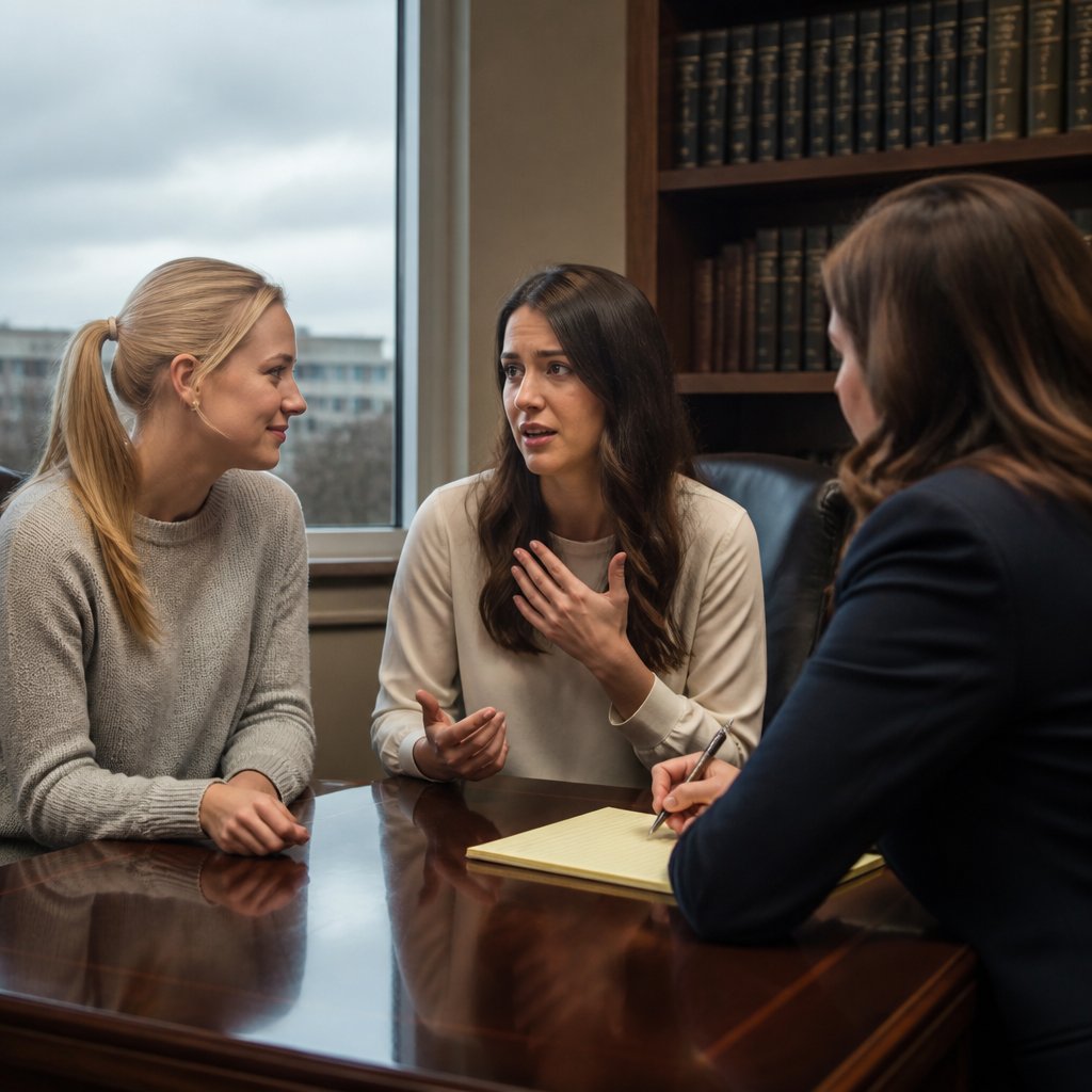Two women in lawyer's office as one gives supporting testimony while the other watches gratefully