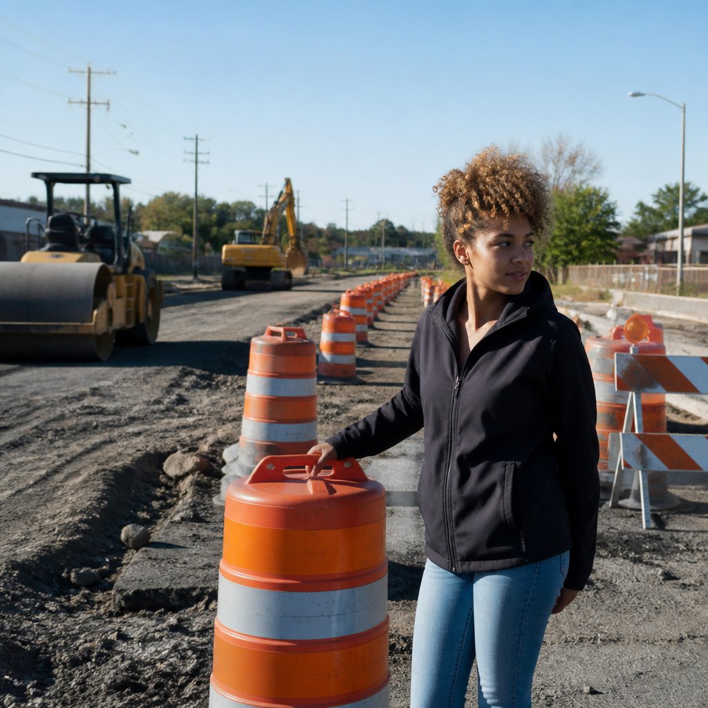 Person inspecting rearranged construction barrels at crash site during the day.