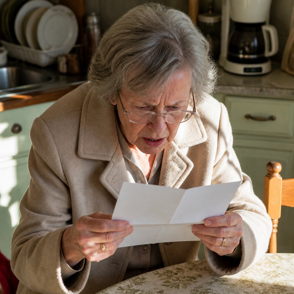 Woman reading a denial letter at home, showing shock and frustration.