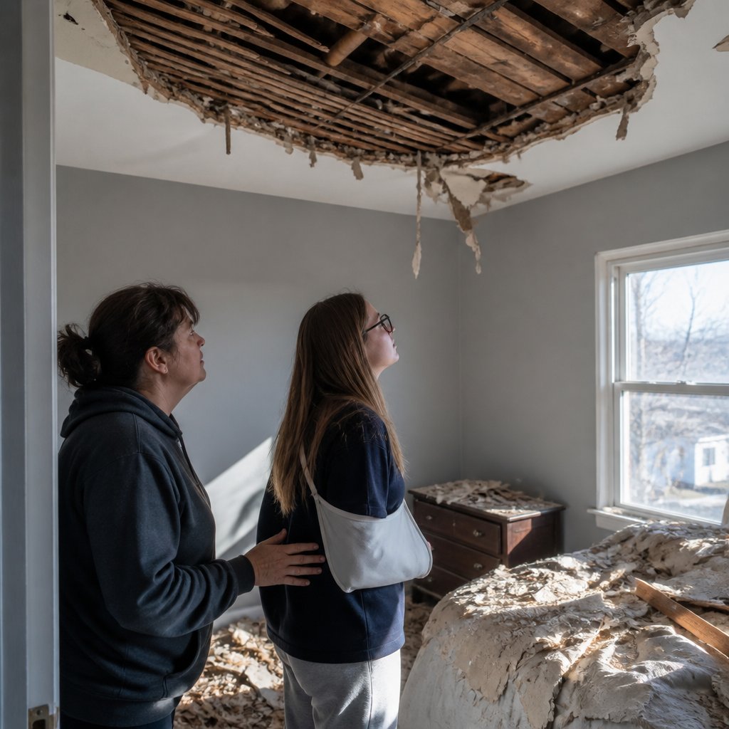 Woman with arm in sling looking up at massive hole in her bedroom ceiling