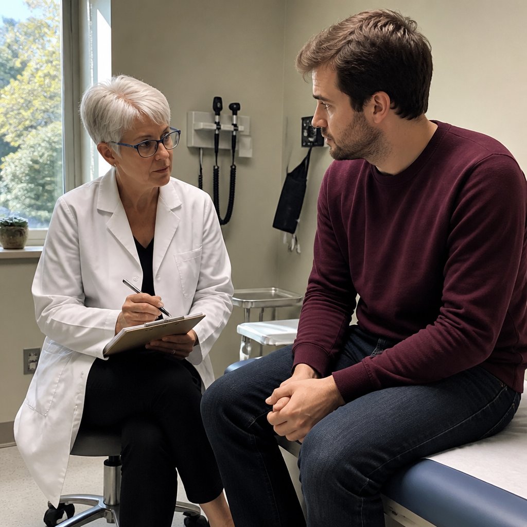 Doctor writing on clipboard while patient anxiously waits on exam table.
