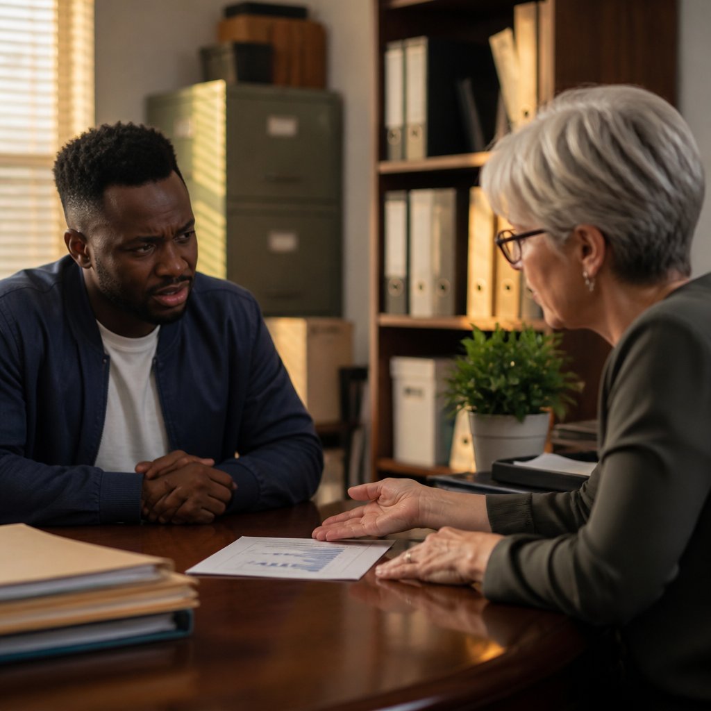 Man and HR representative sit across from each other at a desk; HR slides a chart forward while the man looks frustrated.