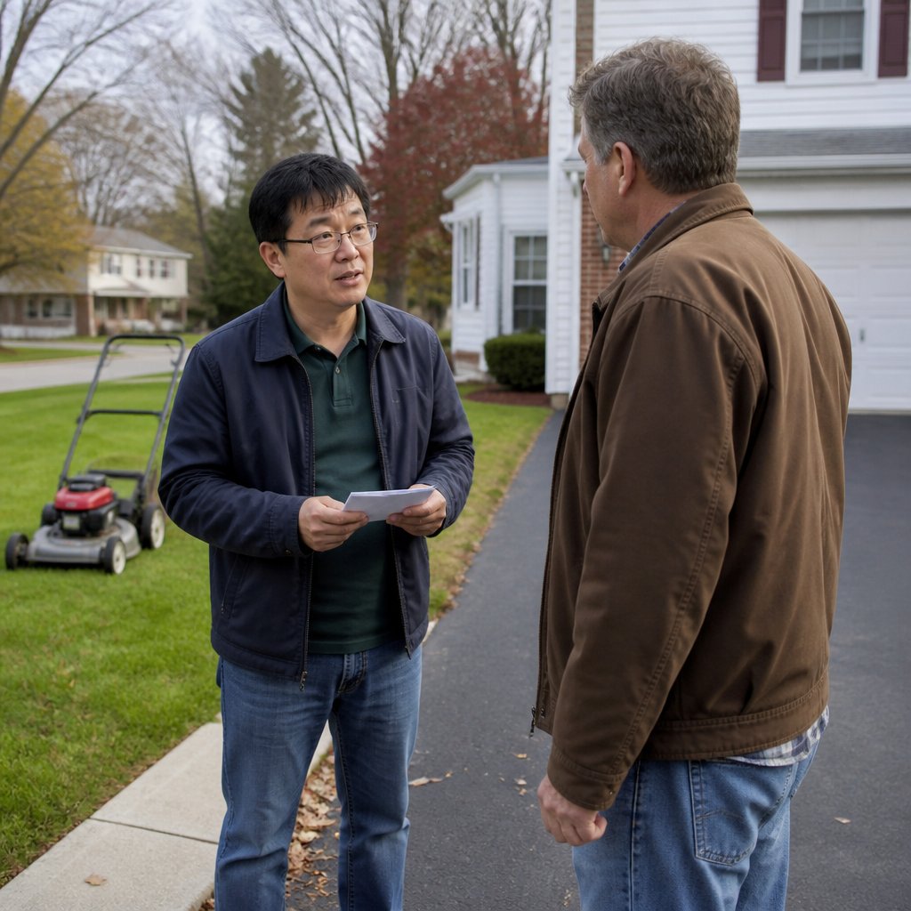 Man offers escrow proposal to neighbor in driveway amid lawn mower scent