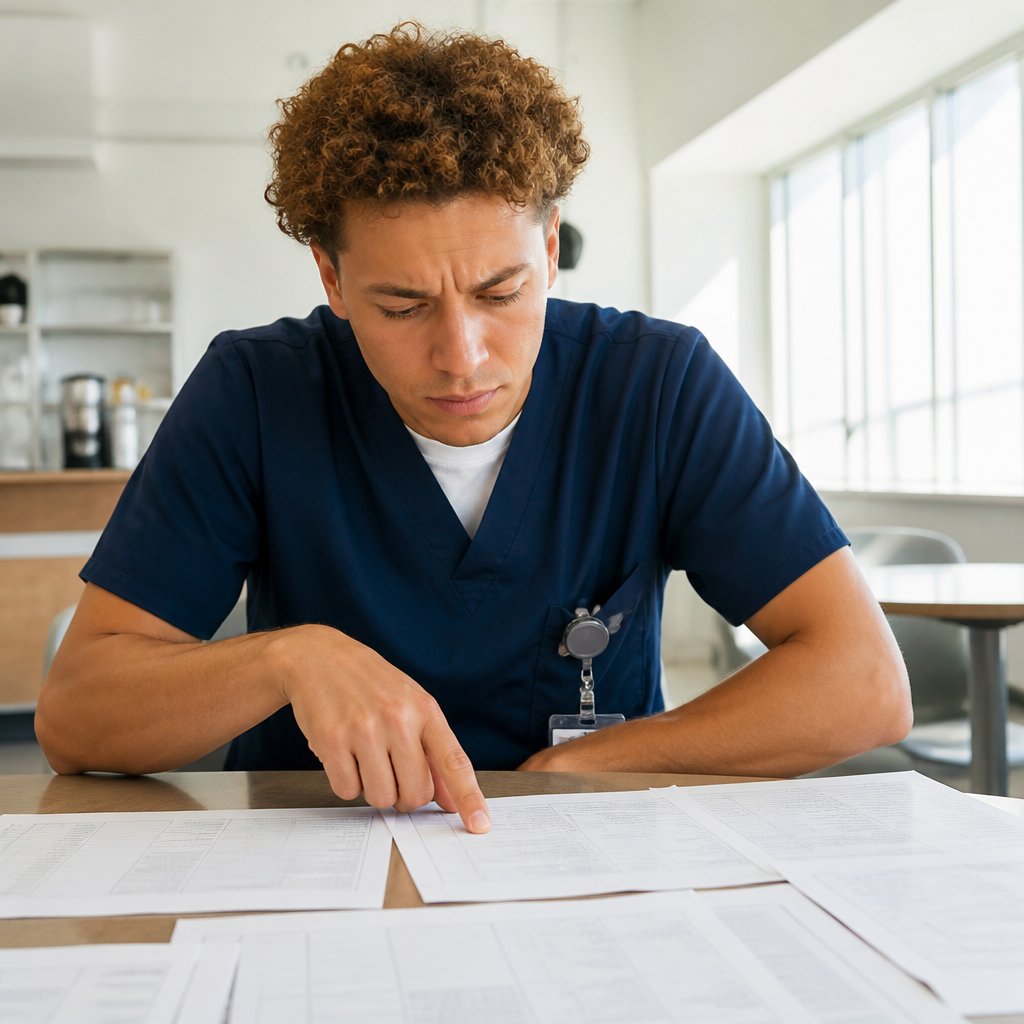Concerned young man examining printed charts with repeated generic medical notes in a hospital break room.