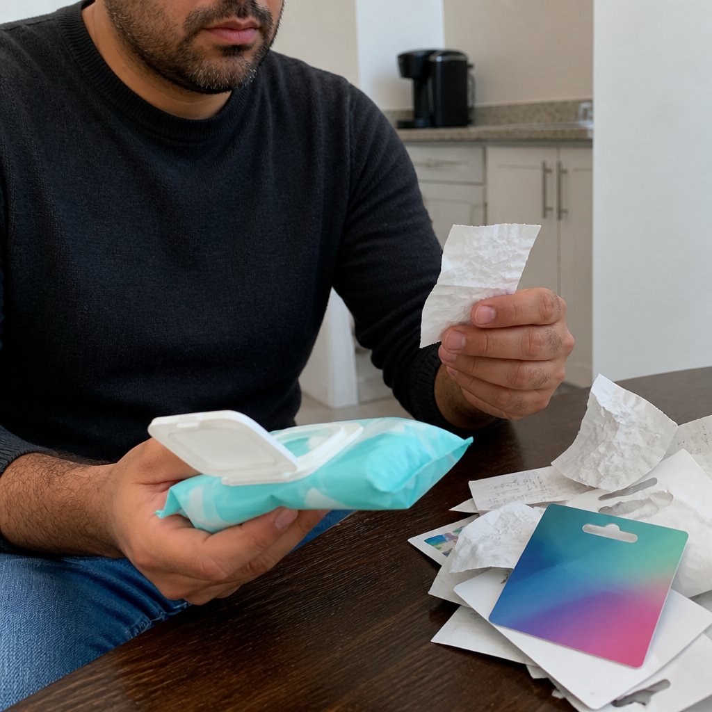Man’s hands holding receipt and baby wipes pack amid gift card packages on kitchen table.