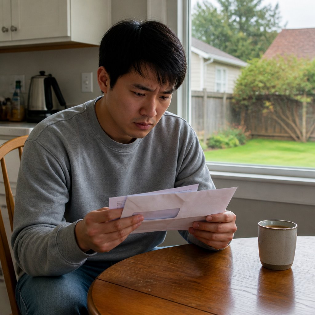Man reviewing medical bill at kitchen table, concerned about insurance coverage.