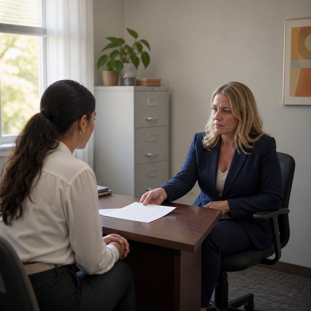 Latina woman listens nervously as HR woman slides witness statement across desk.