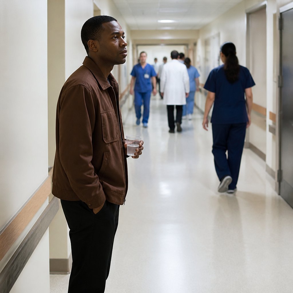 Man standing worried in hospital hallway with lab results pending