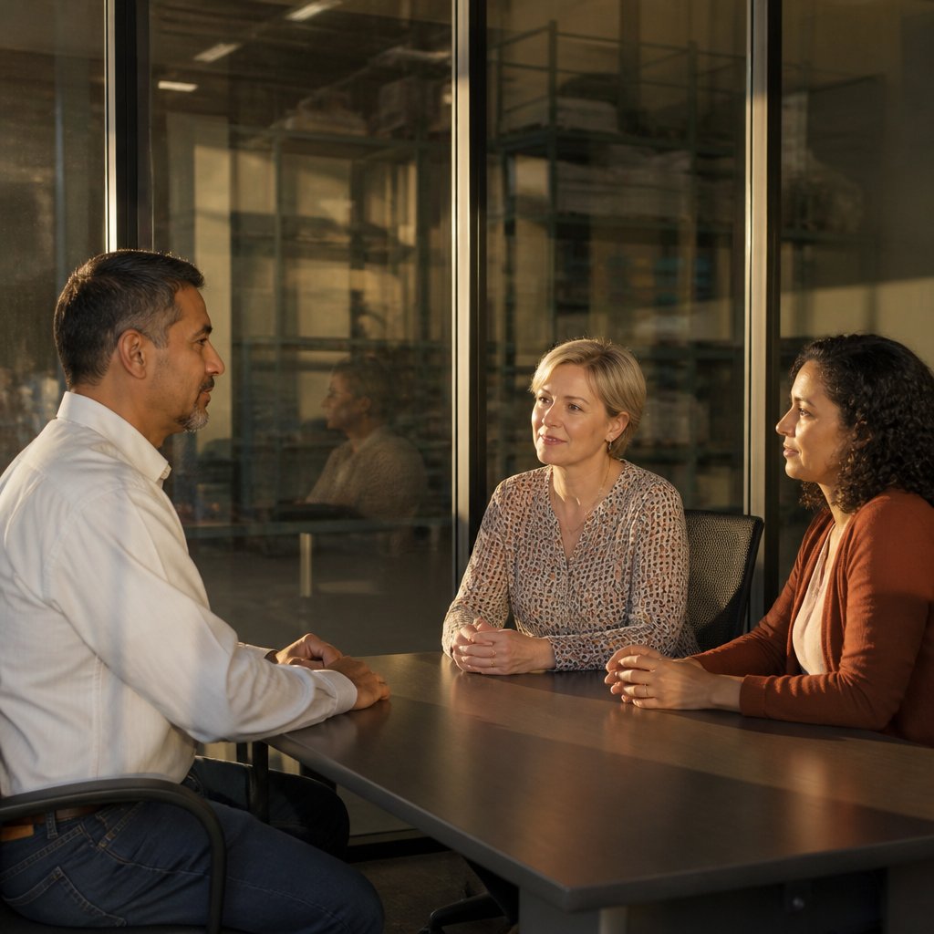 Man in white shirt speaking with HR staff behind glass walls